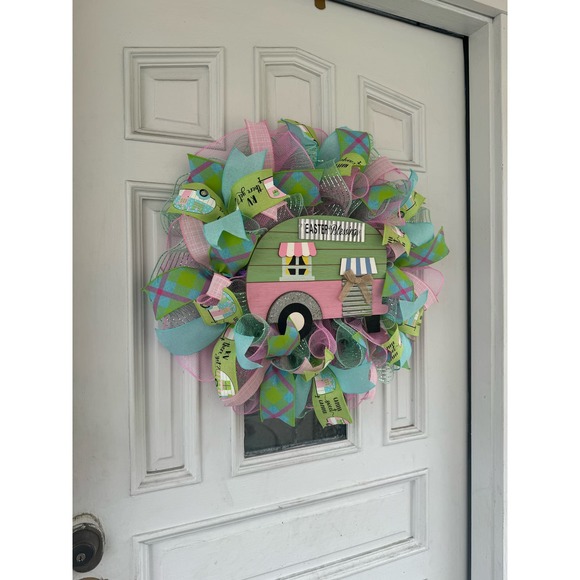 Pink Mint Green Camper Mesh Ribbon Easter & Spring Wreath Front Door Hanger xxx - Picture 8 of 10